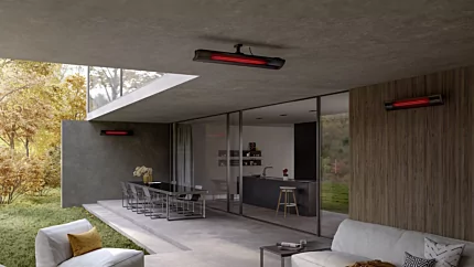 Heatscope Heaters Pure 3000W Radiant Heater wall mounted on a private patio, outdoor infrared electric heater in Germany.