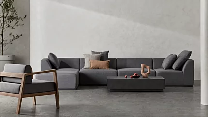 Blinde Design Bloc L6 Coffee Table and Relax Modular Sofa create a modular outdoor lounge on a private residence patio.